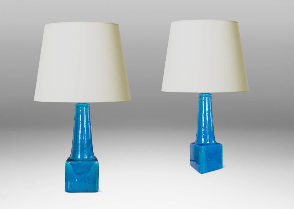 Gallery BAC cubic form with tall conical stand, glazed in a gloss azure blue