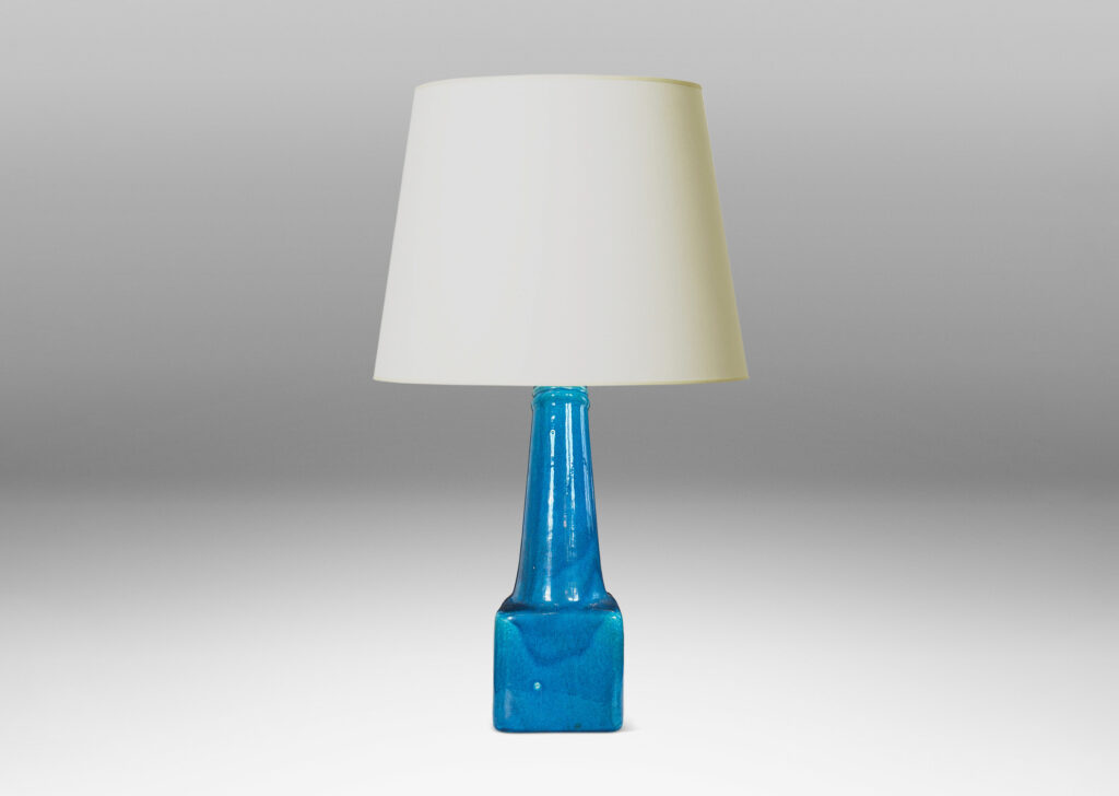 Gallery BAC cubic form with tall conical stand, glazed in a gloss azure blue
