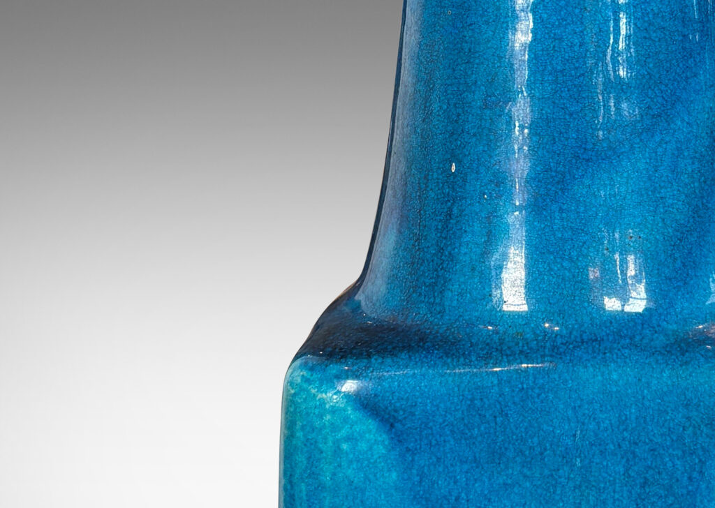 Gallery BAC cubic form with tall conical stand, glazed in a gloss azure blue