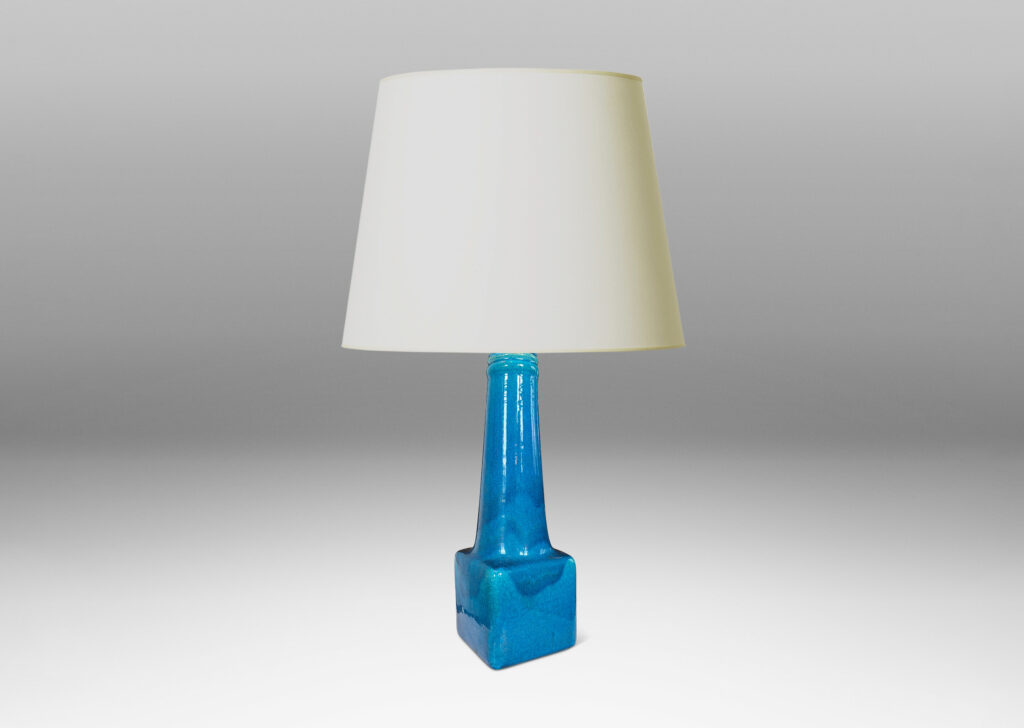 Gallery BAC cubic form with tall conical stand, glazed in a gloss azure blue