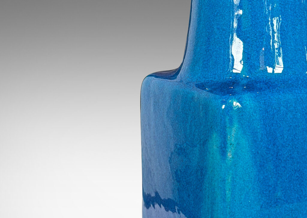 Gallery BAC cubic form with tall conical stand, glazed in a gloss azure blue