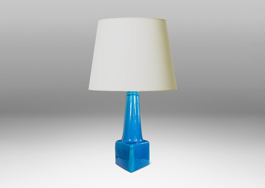 Gallery BAC cubic form with tall conical stand, glazed in a gloss azure blue