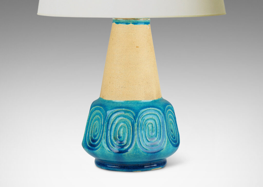 Gallery BAC conical form with collar of scrolling motifs, partially glazed in a shiny azure blue