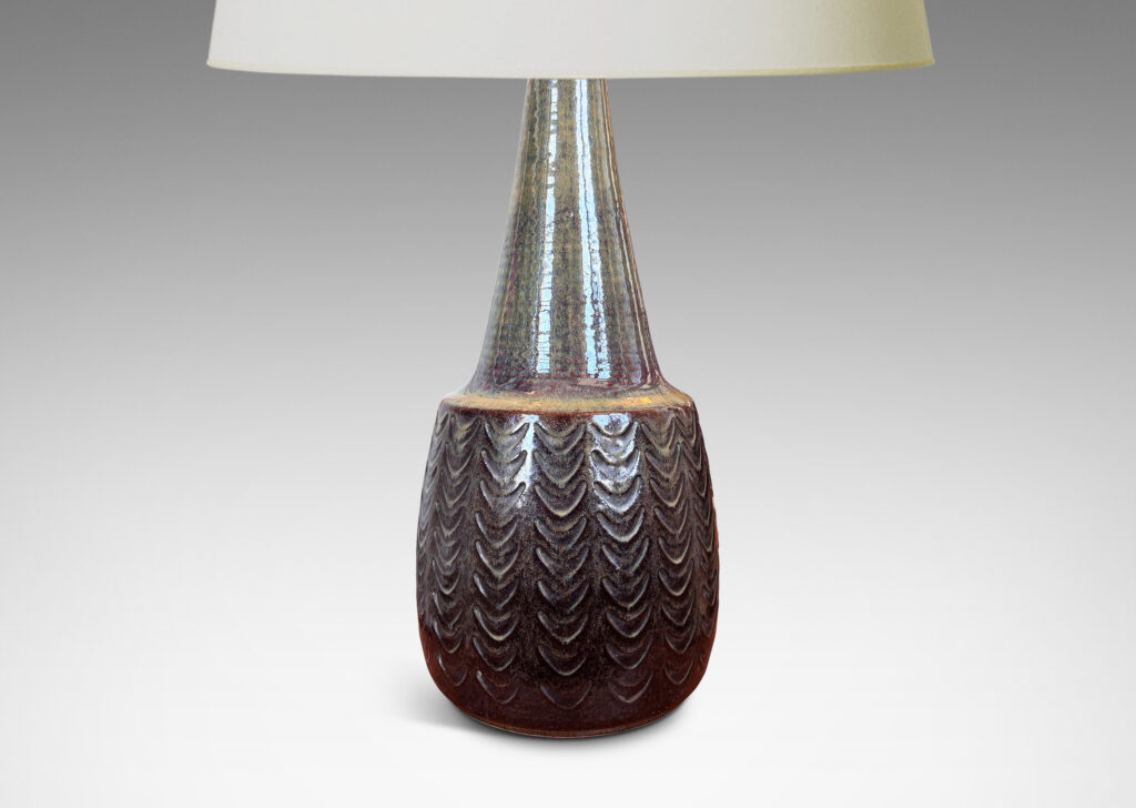 Gallery BAC pawn-like form with swelling body and conical neck, brown-taupe, with carved arc design and lustrous brown and tan glazing