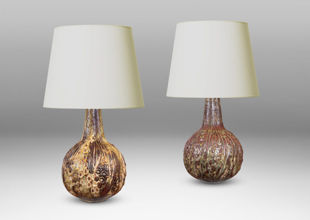 Gallery BAC bulbous form with organic reliefs evoking a seed pod, glazed in a pale taupe-brown