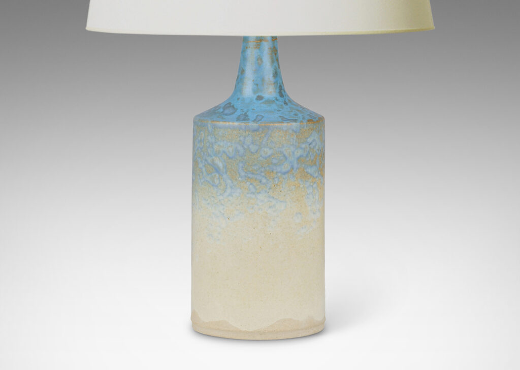Gallery BAC cylindrical form with sprouting neck, glazed in pale gray with light blue dappling around shoulder