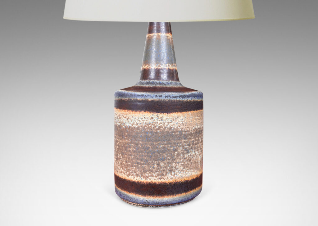 Gallery BAC ovoid cylinder form with conical neck, glazed in medium brown, with dark brown and purple bands
