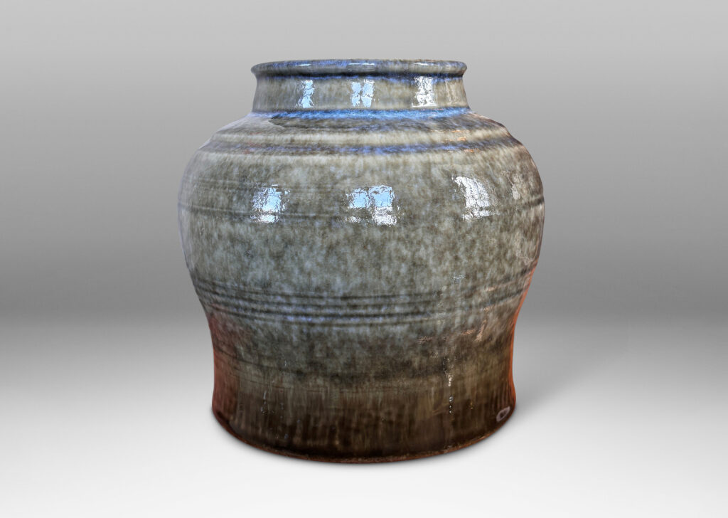 Gallery BAC swelling ginger jar form with wide mouth, and glazed in a mossy green