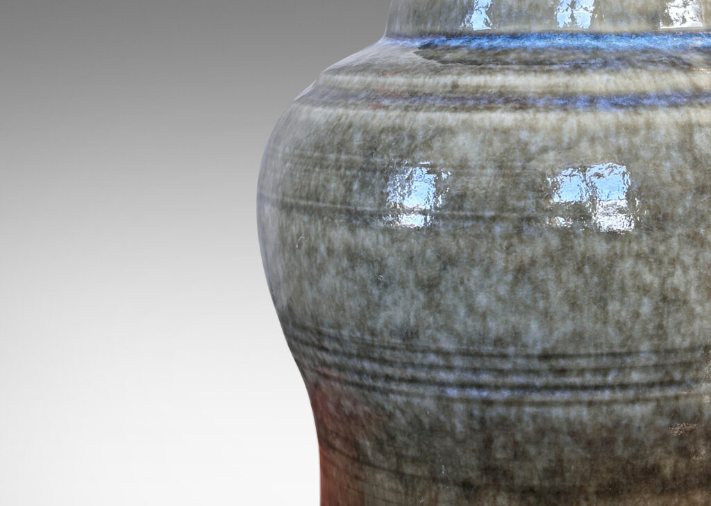 Gallery BAC swelling ginger jar form with wide mouth, and glazed in a mossy green