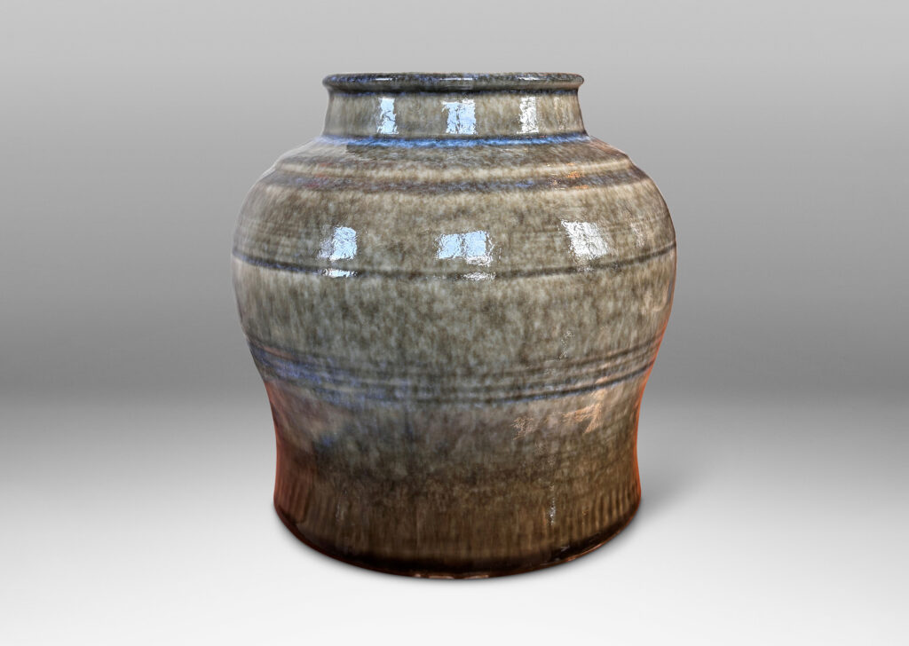 Gallery BAC swelling ginger jar form with wide mouth, and glazed in a mossy green