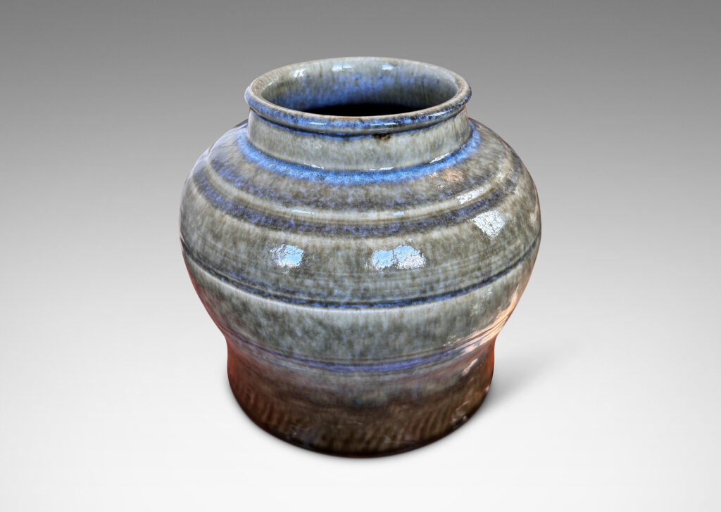 Gallery BAC swelling ginger jar form with wide mouth, and glazed in a mossy green