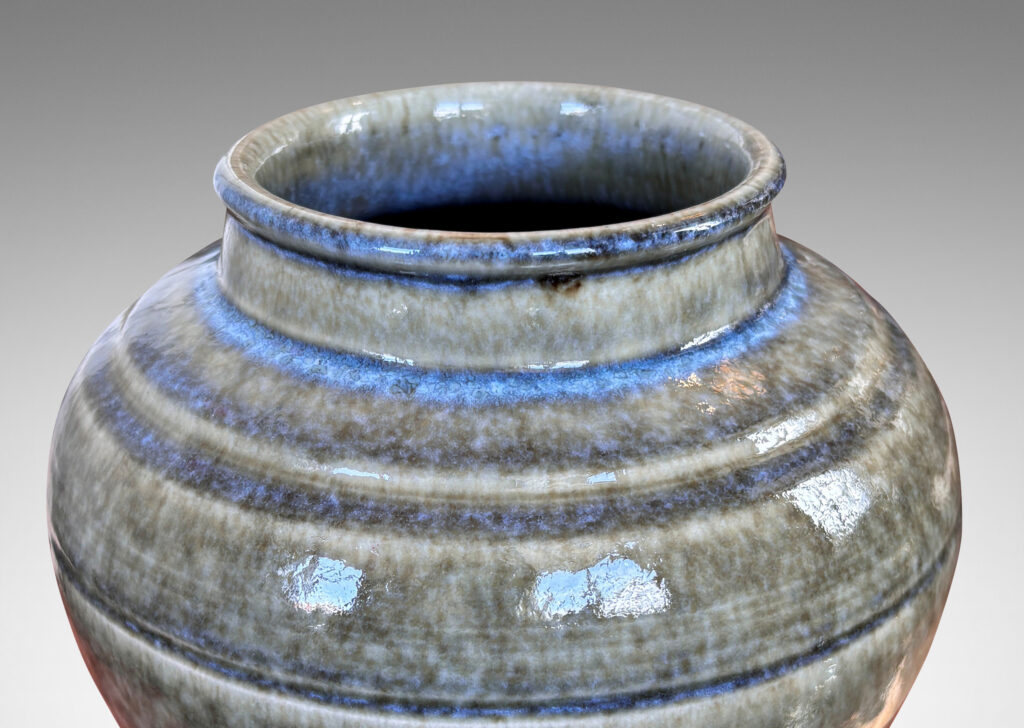 Gallery BAC swelling ginger jar form with wide mouth, and glazed in a mossy green