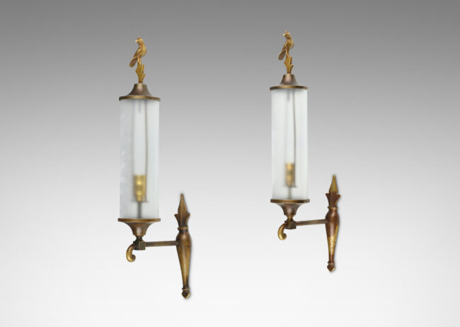 Gallery BAC cylindrical shades with baroque mounts, scroll arms, and bird finials