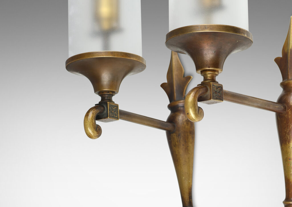 Gallery BAC cylindrical shades with baroque mounts, scroll arms, and bird finials