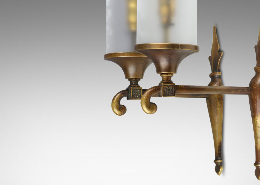 Gallery BAC cylindrical shades with baroque mounts, scroll arms, and bird finials