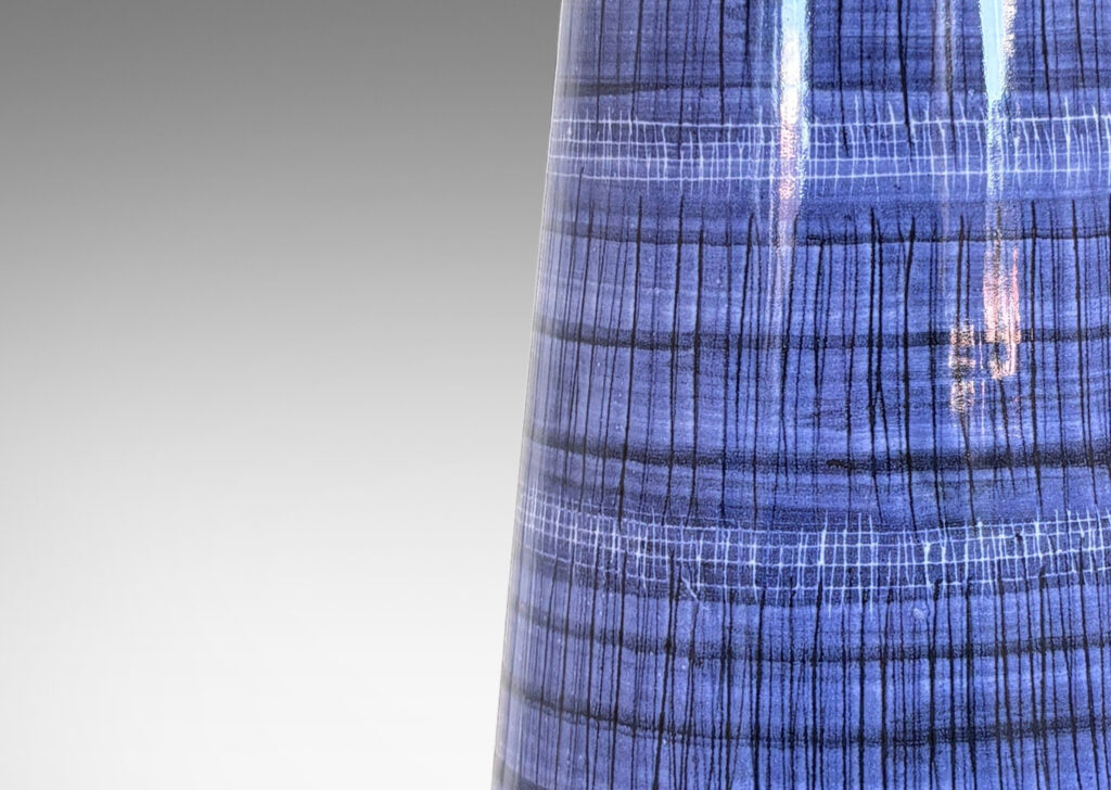 Gallery BAC glazed in a grayish blue with overpainted bands of crosshatching in dark blue and white