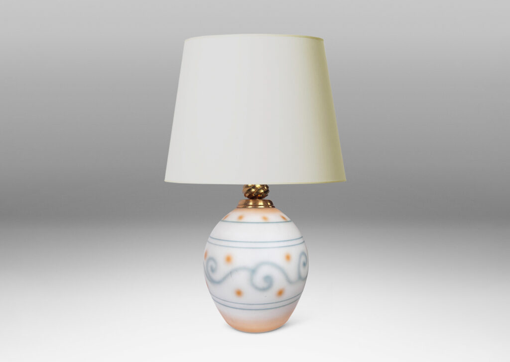 Gallery BAC semi-opaque ovoid form with velvety sandblasted finish with back-painted blue pinstripes and scrolls and orange dots