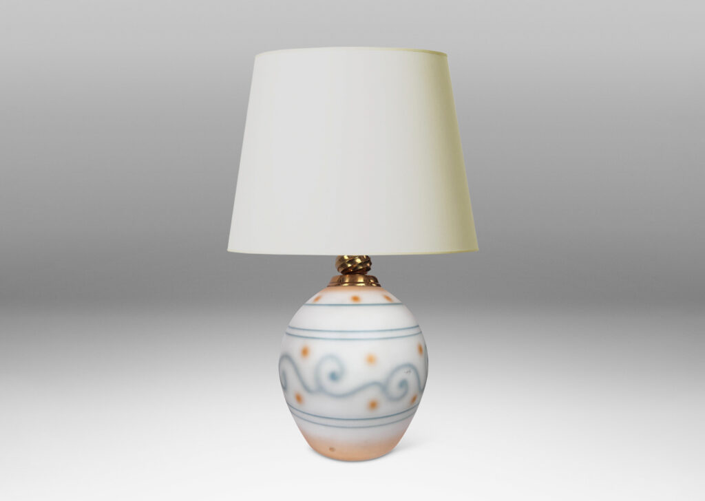 Gallery BAC semi-opaque ovoid form with velvety sandblasted finish with back-painted blue pinstripes and scrolls and orange dots