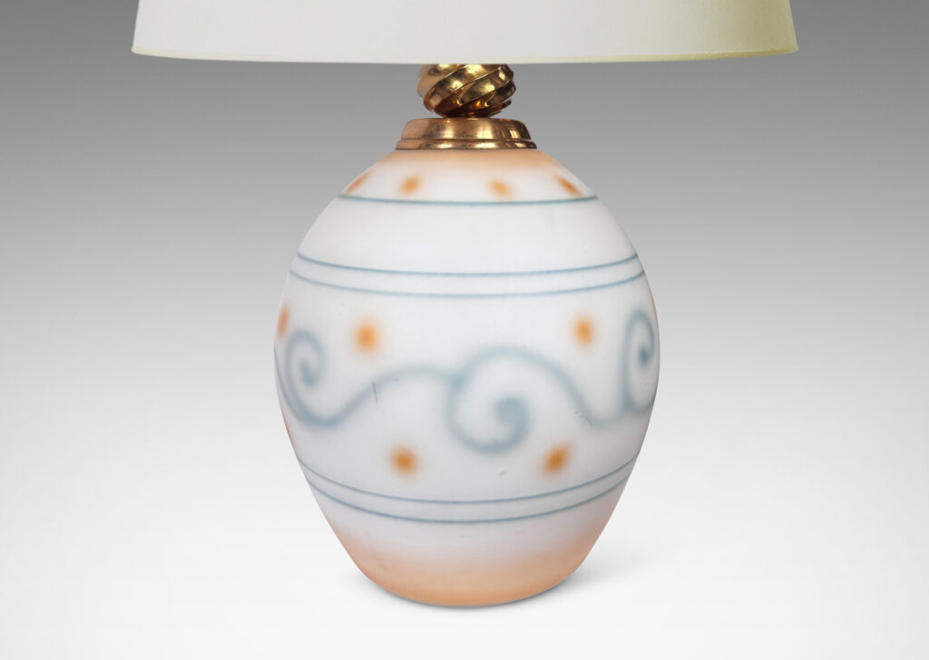 Gallery BAC semi-opaque ovoid form with velvety sandblasted finish with back-painted blue pinstripes and scrolls and orange dots