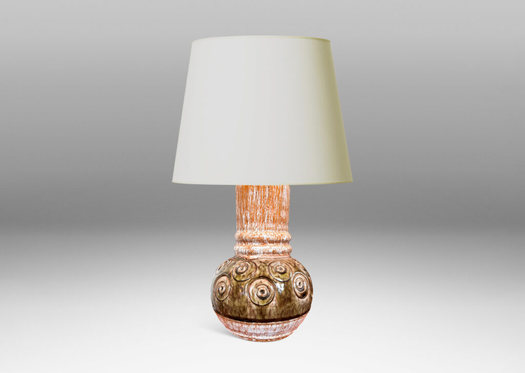 Gallery BAC globe forms with carved concentric circle motifs in shiny olive green glaze, and wide textured necks in partial white glaze