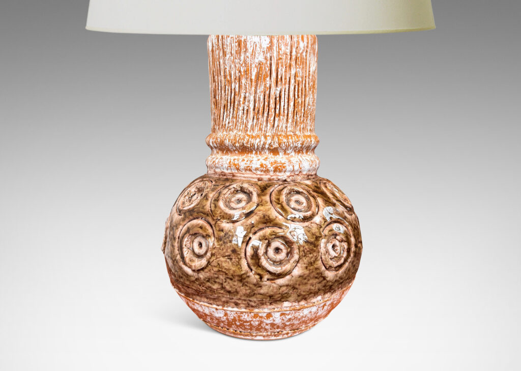 Gallery BAC globe forms with carved concentric circle motifs in shiny olive green glaze, and wide textured necks in partial white glaze