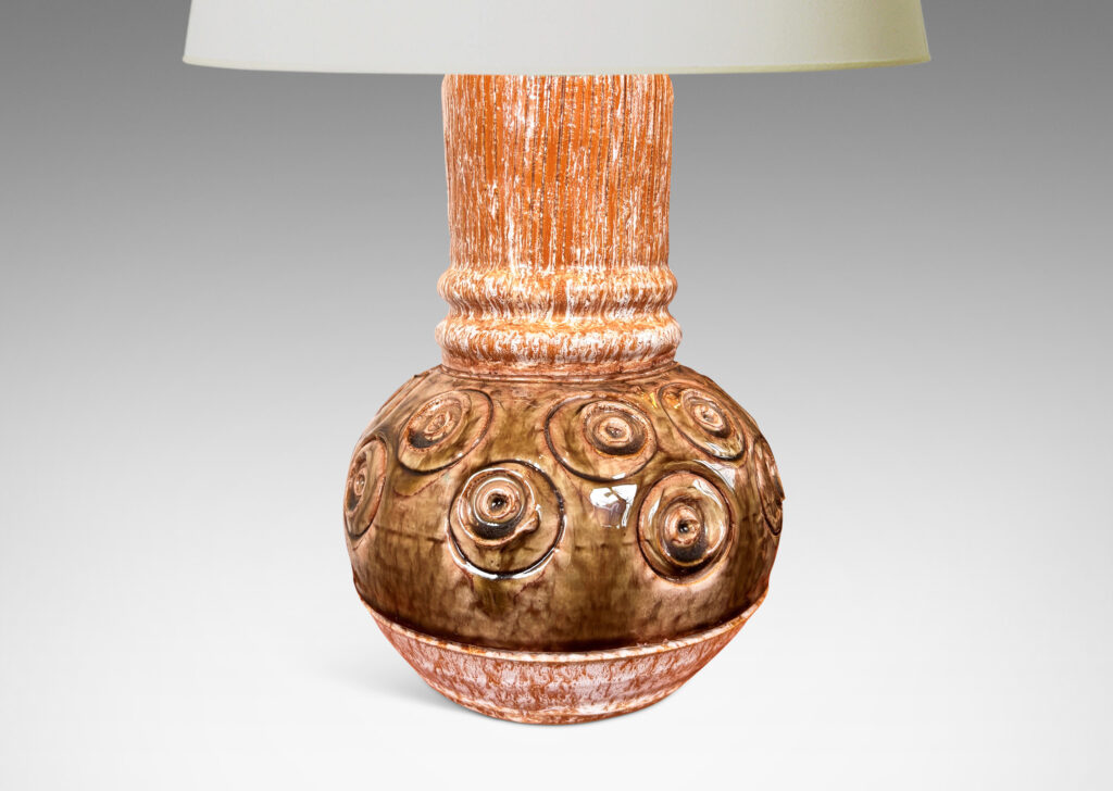 Gallery BAC globe forms with carved concentric circle motifs in shiny olive green glaze, and wide textured necks in partial white glaze