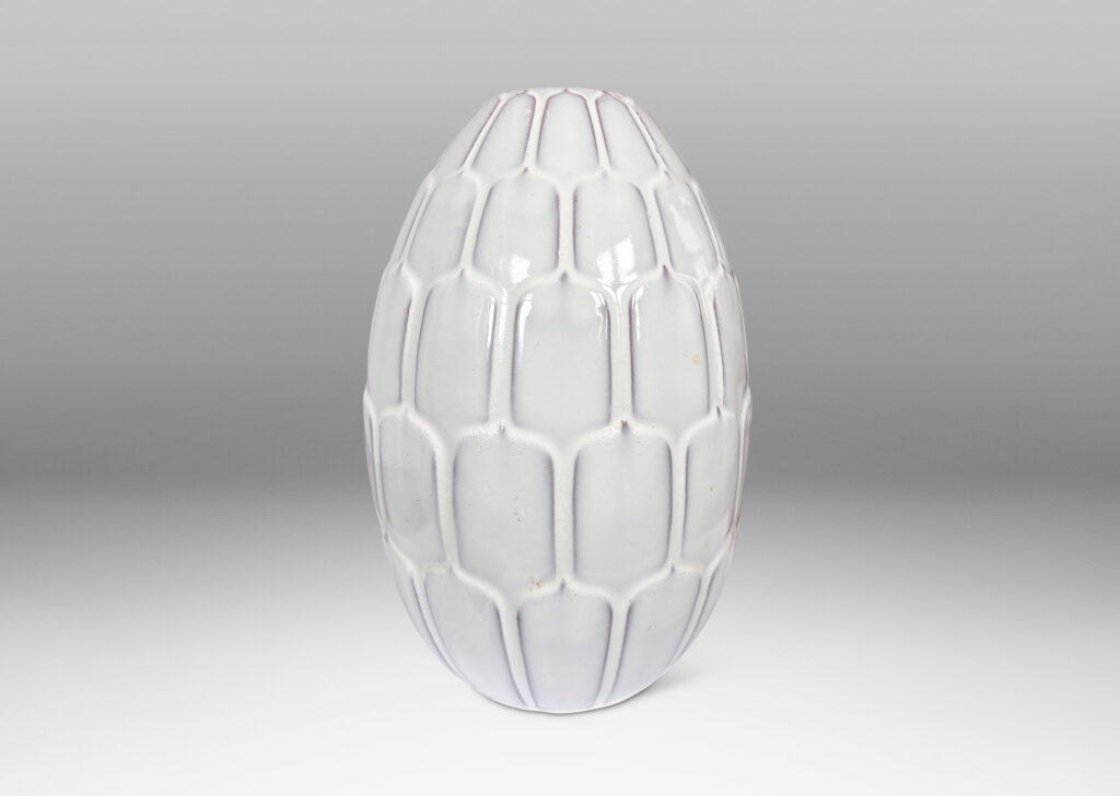 Gallery BAC ovoid form with pinecone scale-like reliefs, glazed in a shiny white
