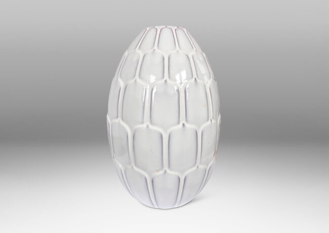 Gallery BAC ovoid form with pinecone scale-like reliefs, glazed in a shiny white