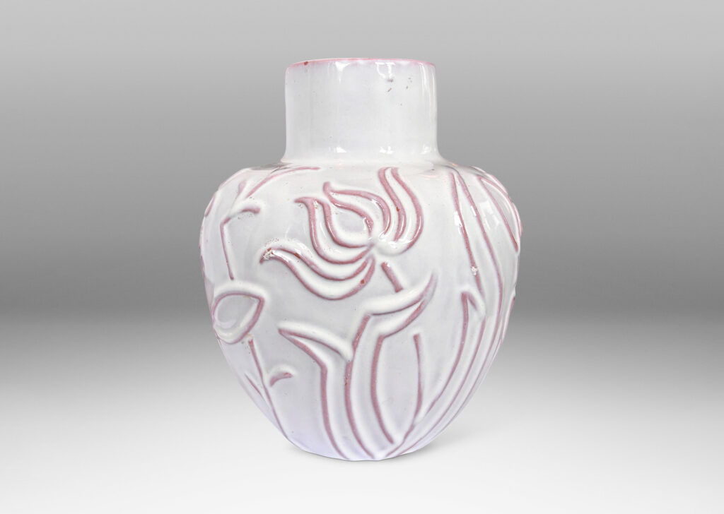 Gallery BAC apered apple-like forms with abstracted floral designs in relief, glazed in a shiny white
