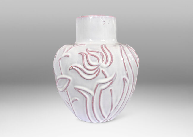 Gallery BAC apered apple-like forms with abstracted floral designs in relief, glazed in a shiny white