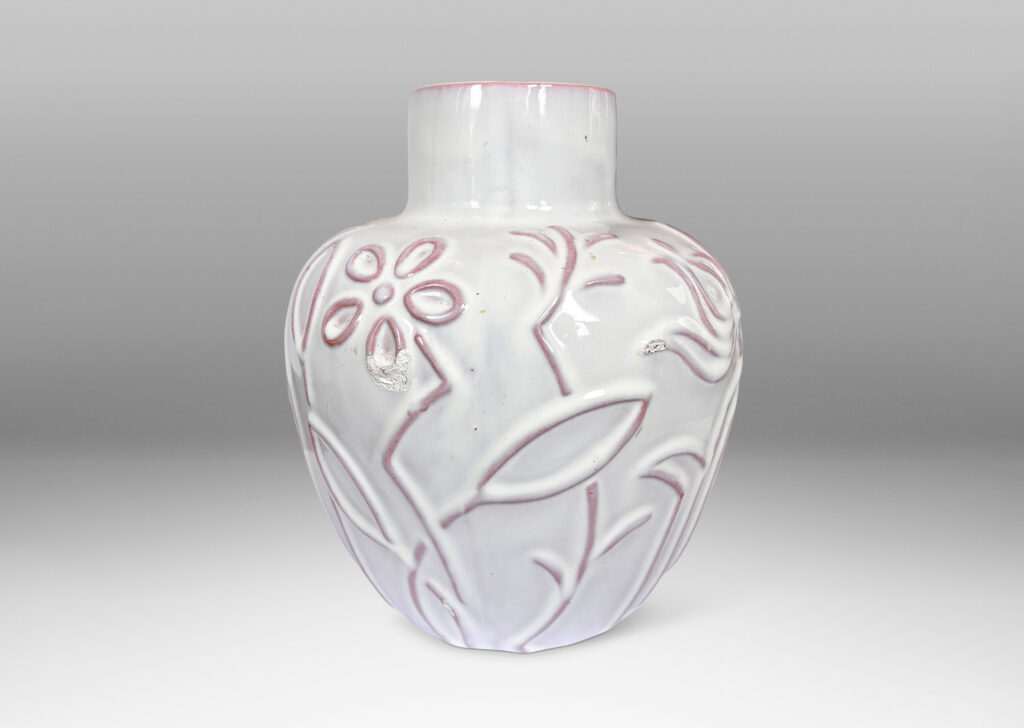 Gallery BAC apered apple-like forms with abstracted floral designs in relief, glazed in a shiny white