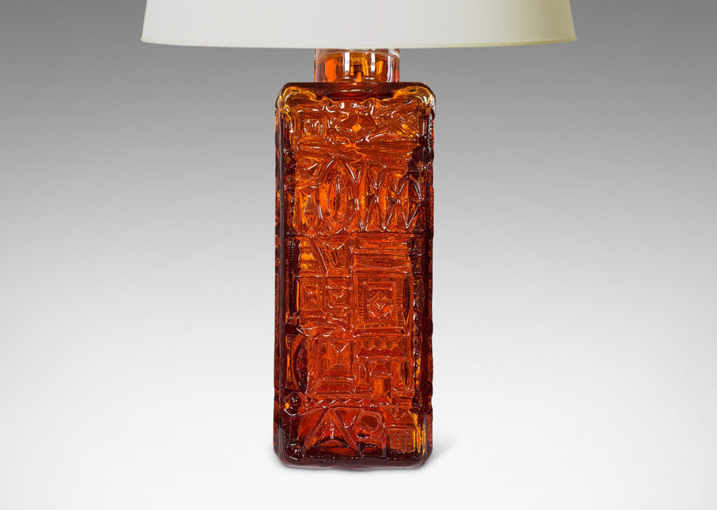 Gallery BAC square canister form with geometric reliefs and a warm saturated whisky tone