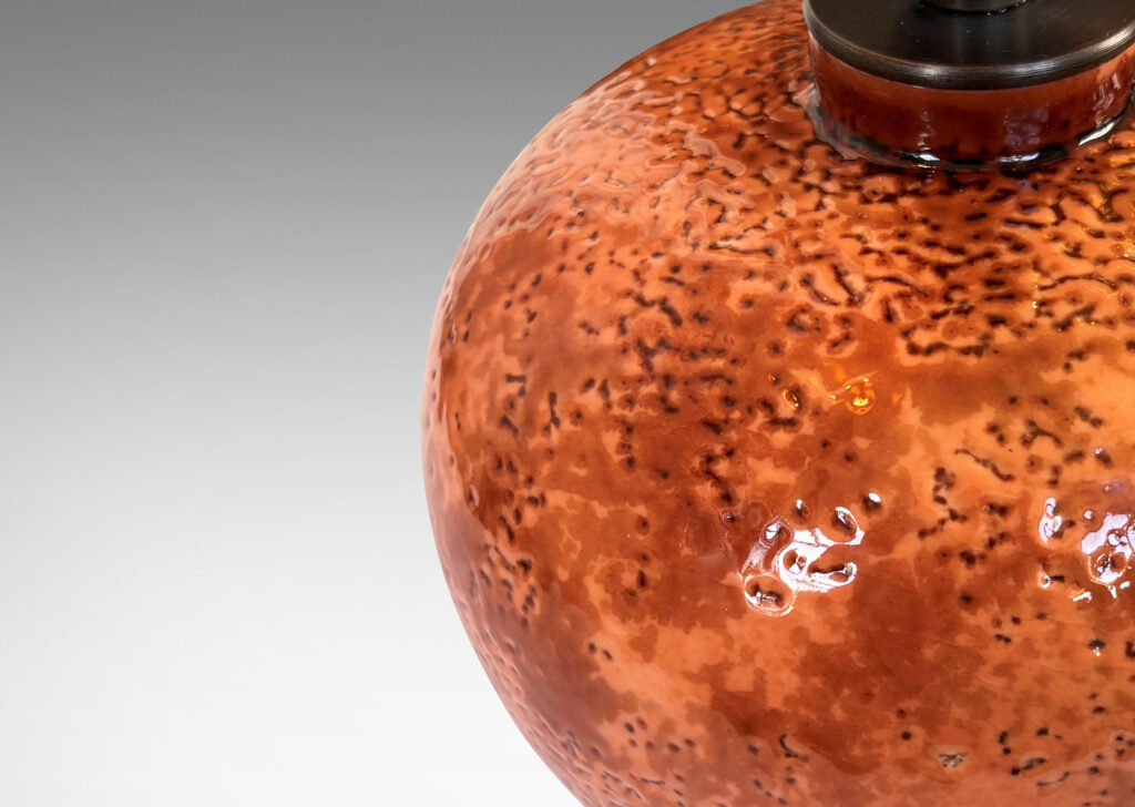 Gallery BAC plump globe form with orange peel-like texture, glazed in shiny orange and burnt orange
