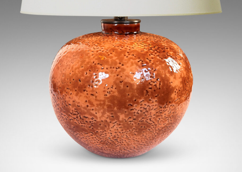 Gallery BAC plump globe form with orange peel-like texture, glazed in shiny orange and burnt orange