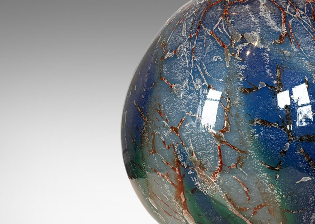 Gallery BAC globe form in vibrant marbled light and dark blue, green and rust-brown