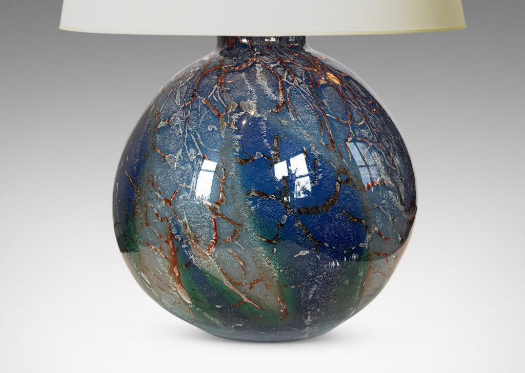 Gallery BAC globe form in vibrant marbled light and dark blue, green and rust-brown