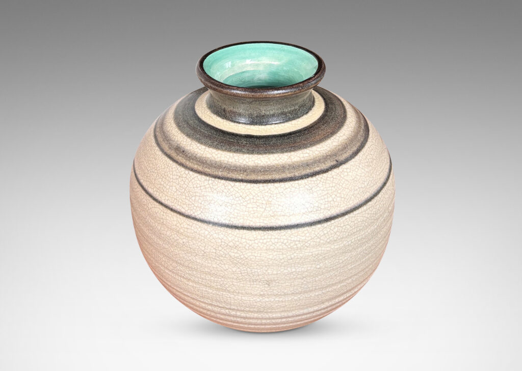 Gallery BAC plump globe forms with sprouting mouths, glazed in craquel greige, with charcoal gray graduated bands and turquoise interiors