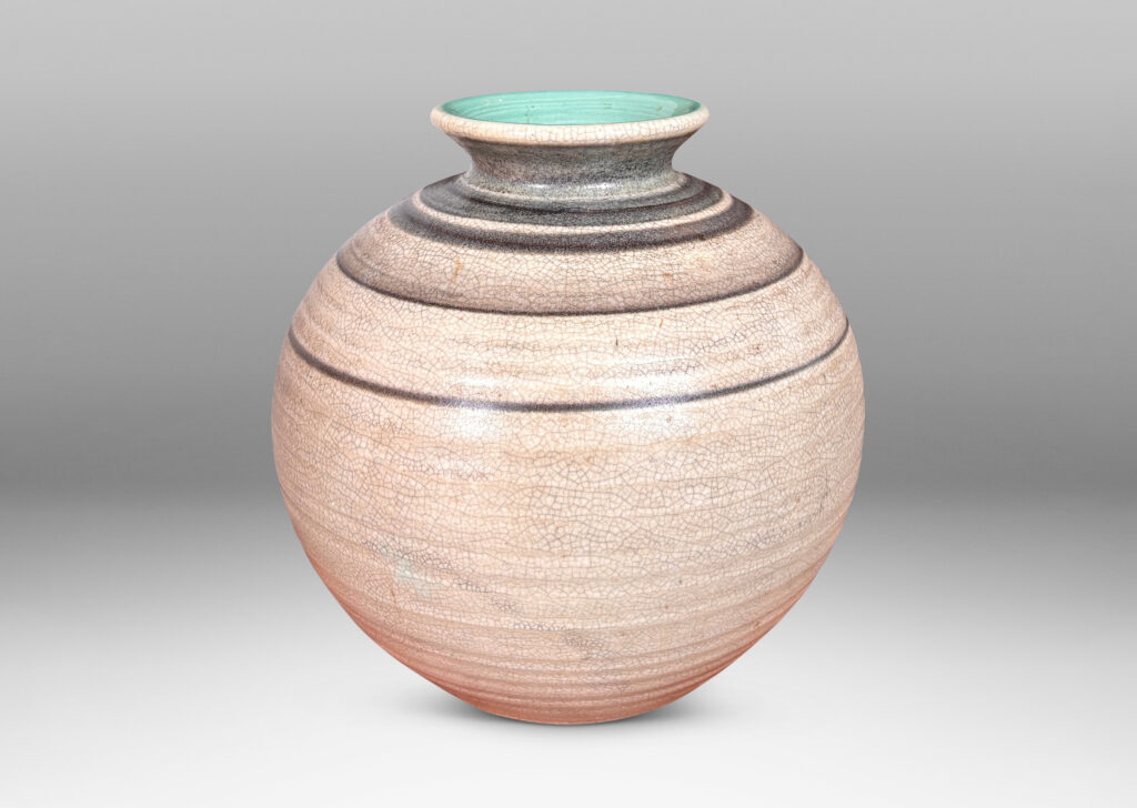 Gallery BAC plump globe forms with sprouting mouths, glazed in craquel greige, with charcoal gray graduated bands and turquoise interiors