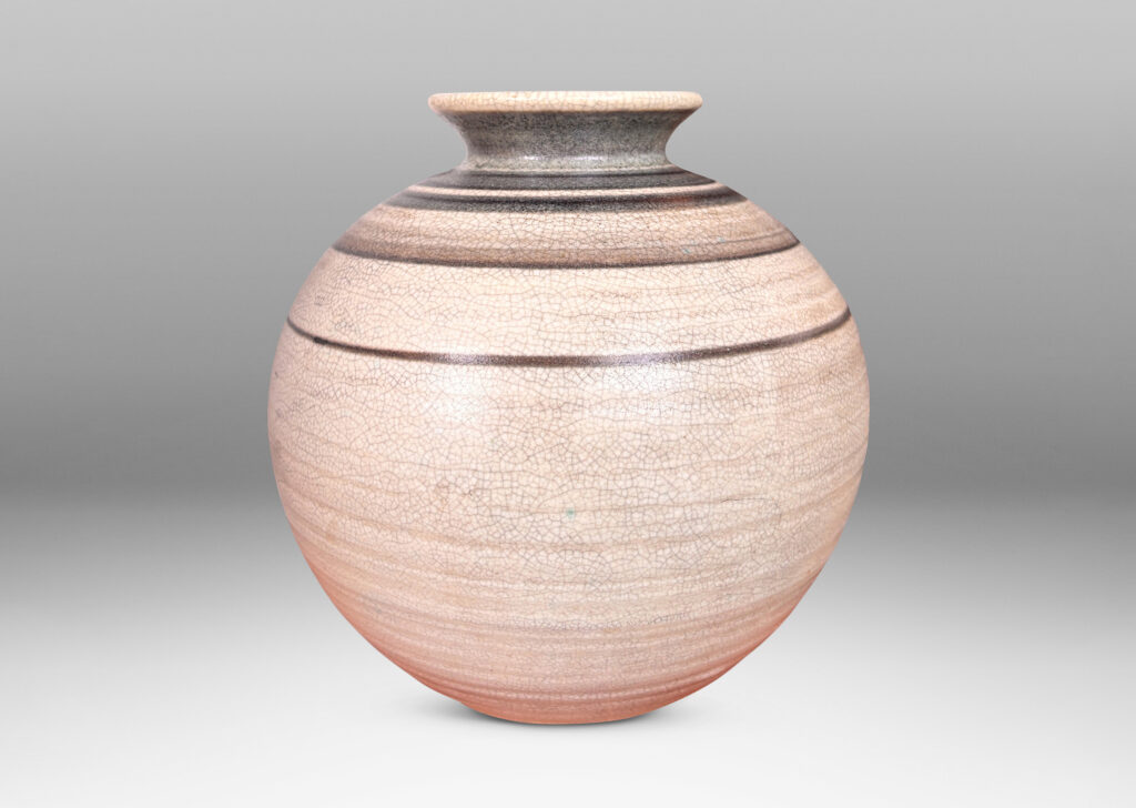 Gallery BAC plump globe forms with sprouting mouths, glazed in craquel greige, with charcoal gray graduated bands and turquoise interiors