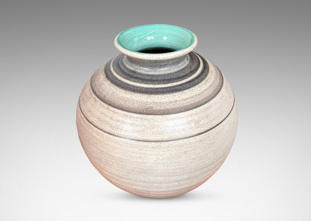 Gallery BAC plump globe forms with sprouting mouths, glazed in craquel greige, with charcoal gray graduated bands and turquoise interiors