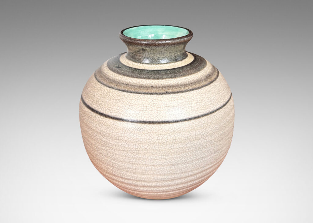 Gallery BAC plump globe forms with sprouting mouths, glazed in craquel greige, with charcoal gray graduated bands and turquoise interiors