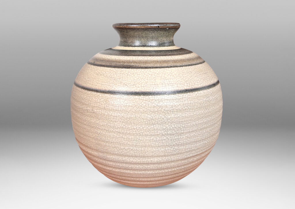 Gallery BAC plump globe forms with sprouting mouths, glazed in craquel greige, with charcoal gray graduated bands and turquoise interiors