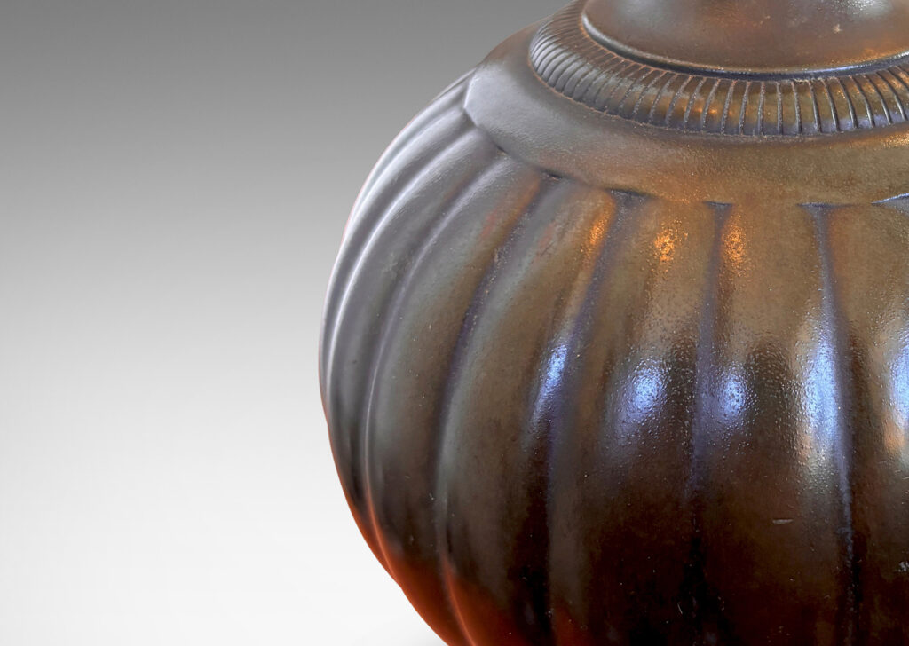 Gallery BAC lobed pumpkin form with ridged collar detail; Disko alloy with bronze-evoking patination