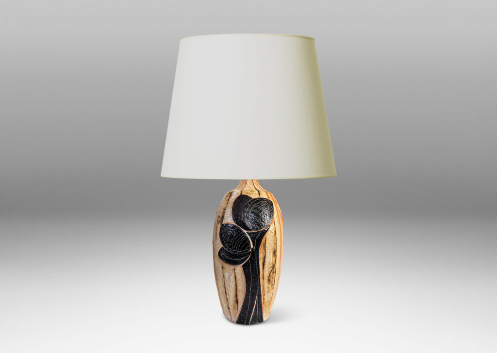 Gallery BAC tall swelling forms with applied relief abstract foliage and coved necks, glazed in ivory, tan, and bluish-black