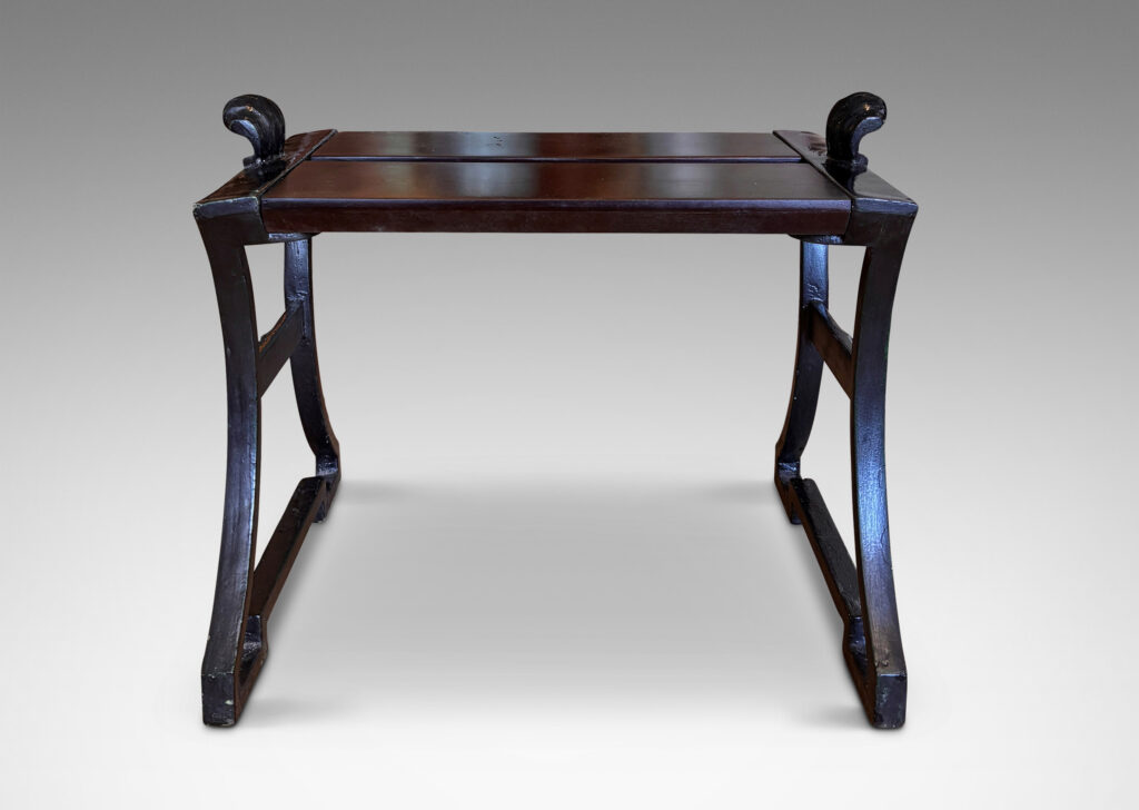 Gallery BAC having muscular lines, classical motifs, and shell handles, featuring verdigris green-black frames; painted cast iron and wood