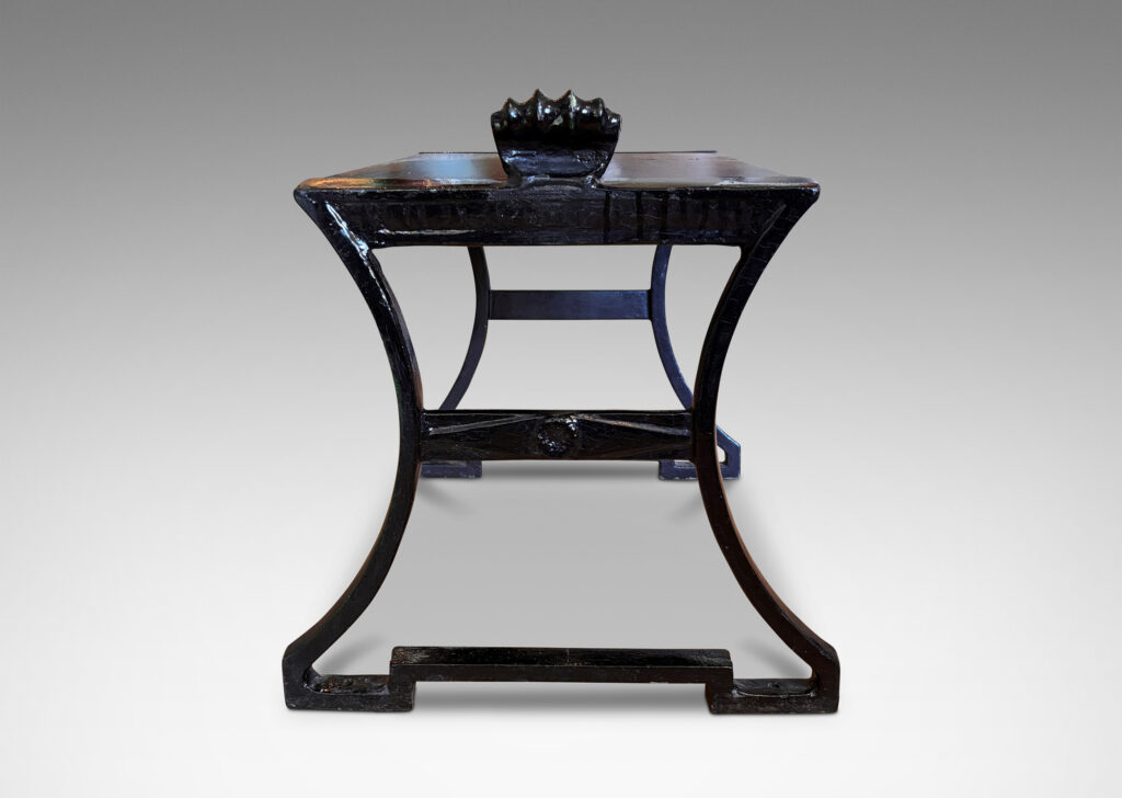 Gallery BAC having muscular lines, classical motifs, and shell handles, featuring verdigris green-black frames; painted cast iron and wood