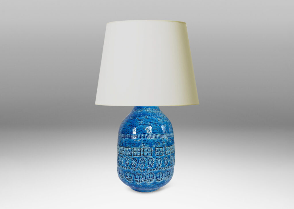 Gallery BAC ovoid form with tapered top, ornamented with impressed geometric motifs, glazed in a saturated cerulean blue