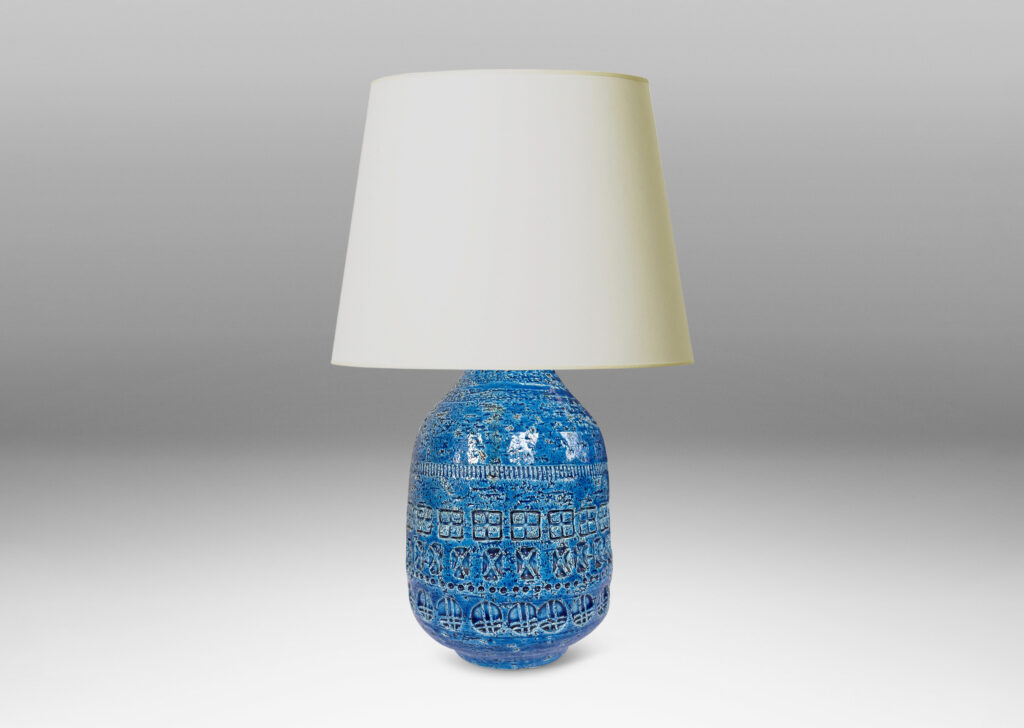 Gallery BAC ovoid form with tapered top, ornamented with impressed geometric motifs, glazed in a saturated cerulean blue