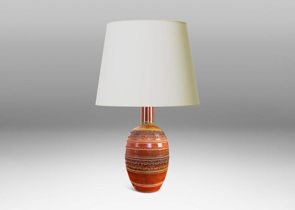 Gallery BAC ovoid form with neck, impressed with bands of ornaments evoking tooled leather, glazed in semi-shine brown, with darker brown and green accents