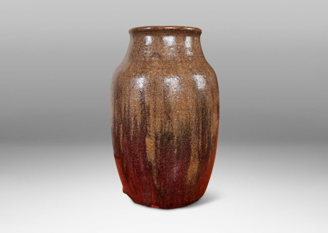 Gallery BAC ovoid form with coved neck, glazed in shiny oxblood burgundy and semi-shine gray-brown